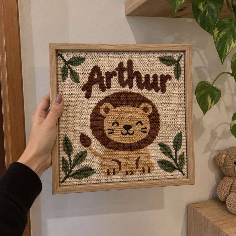 Cuadro de crochet con el nombre del bebé y un leoncito
